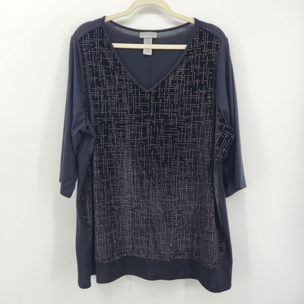 Catherines Womens Plus Size 0X‎ (14/16W) Top Black Embellished 3/4 Sleeve